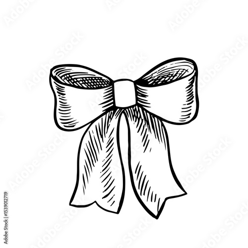 Bow made of ribbons. Black and white vector graphic illustration, made by hand. Isolates on a white background. A design element for flyers, banners, posters, packages and labels, postcards and more.
