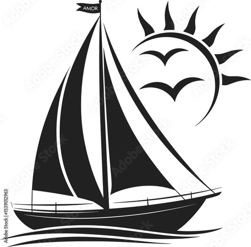 Black silhouette of a sailboat with the word 'AMOR' on the flag, sun and flying birds, ideal for romantic, travel, and love-themed illustrations.