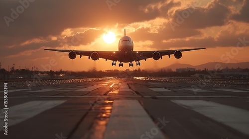 Airplane Landing at Sunset: Dramatic Sky, Airport Runway, Travel Photography, and Golden Hour Transport.