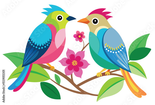 Two Birds Sitting on Branch with Pink Flowers, Colorful Bird on Flower Branch Vector Illustration