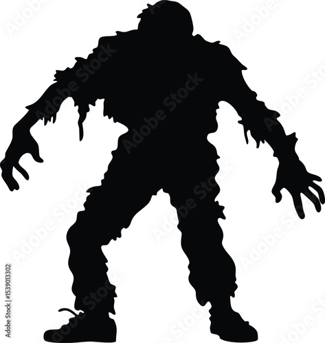 Silhouette of a Creepy Zombie Monster with Torn Clothes and Shoes