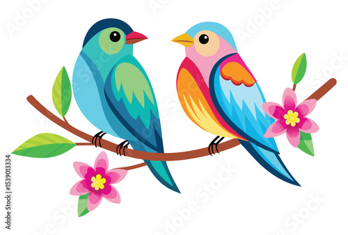 Two Birds Sitting on Branch with Pink Flowers, Colorful Bird on Flower Branch Vector Illustration