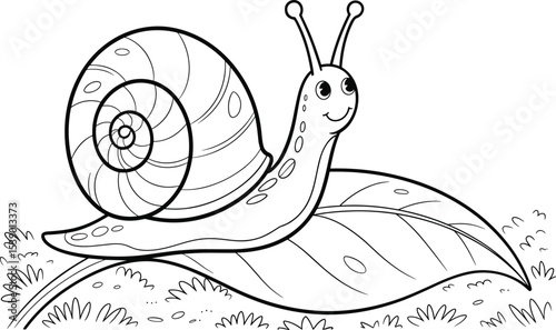 Charming cartoon snail illustration on a leaf, adorable design with a smiling face, peaceful nature scene, perfect for children's books, wall art, and educational materials on Adobe Stock.
