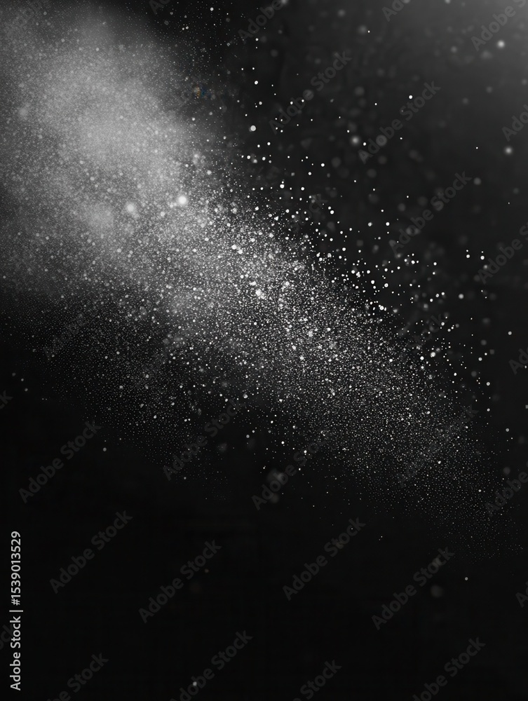 Obraz premium Black matte textured background with floating dust particles illuminated by soft light in the top right corner, creating a deep contrast between black and white. This abstract design emphasizes textu