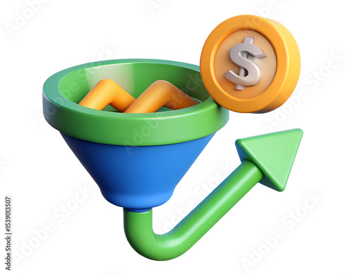 3d render of sales funnel with rising arrow and dollar coin