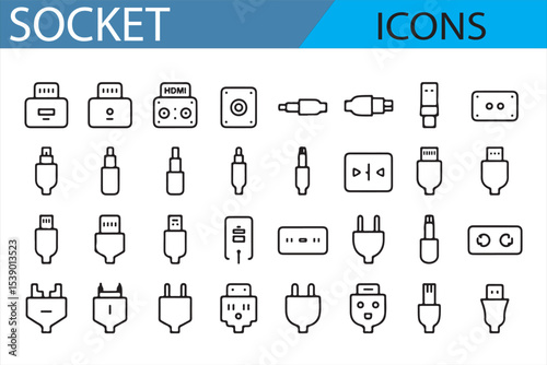 Icon Set Featuring Power Sockets, Plugs, and Electrical Symbols