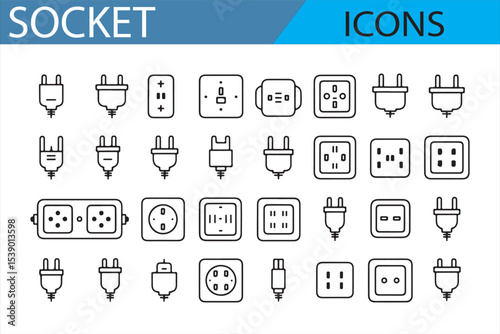 Vector Icons of Electrical Sockets, Plugs, and Power Connections