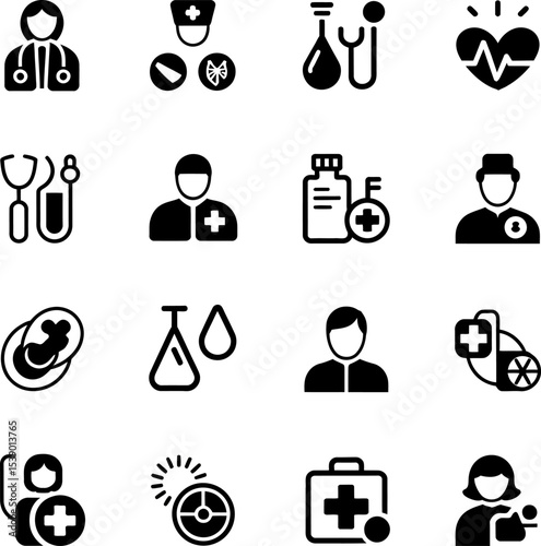 A collection of sixteen medical icons displaying healthcare and wellness symbols