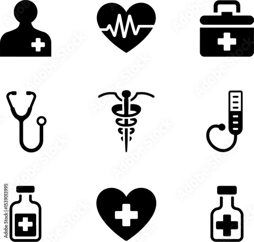 Illustration showing medical icons including a doctor heart stethoscope and more items