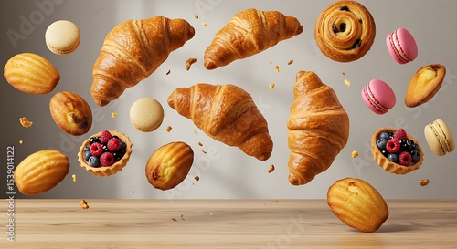 Freshly baked croissant and sweet pastries flying in air. Sweet dessert. Baked goods.