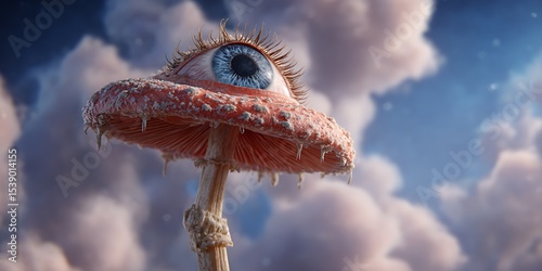 Surreal Mushroom with Eye Fantasy Art Digital Painting Psychedelic Cloud Background