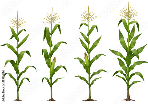 Four stages of corn plant growth isolated on transparent background