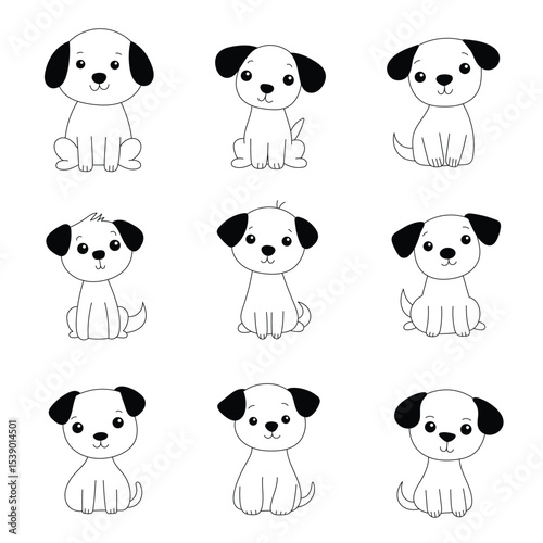 Collection of cartoon dogs, outlined in black and white, all sitting down.