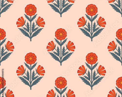 Folk Floral Seamless Pattern.  Floral block print vector flower Pattern.
