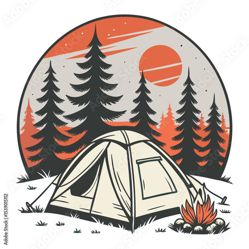 Vintage wilderness badge tent fire forest illustration vector