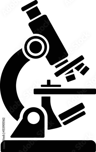 A black and white silhouette of a microscope on a white background in vector form
