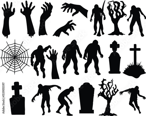 Halloween Silhouette Set with Zombies Hands Trees and Gravestones on White