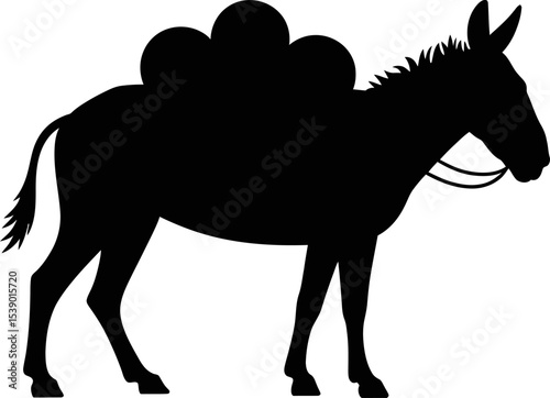 A silhouette of a camel with three humps and a bridle on a white background view