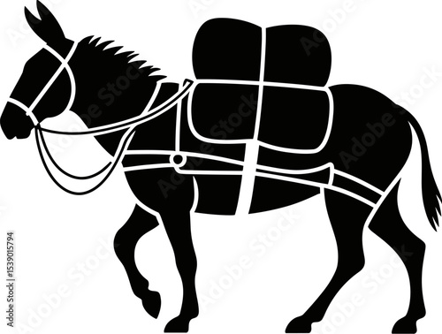 A black silhouette of a donkey with a pack saddle walking on a white background