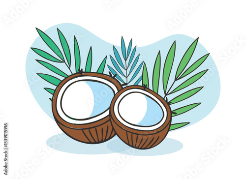 Tropical Coconut Illustration with Palm Leaves