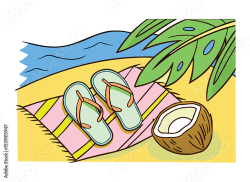 Colorful Beach Illustration with Flip Flops and Coconut