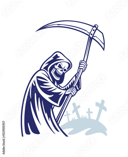Grim Reaper With Scythe Illustration in Graveyard