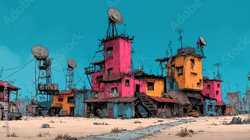 Colorful urban shacks under blue sky	