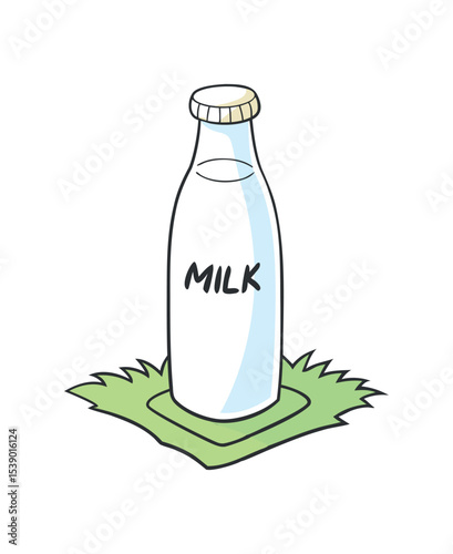 Illustration of Milk Bottle on Grass - Simple and Clean Design