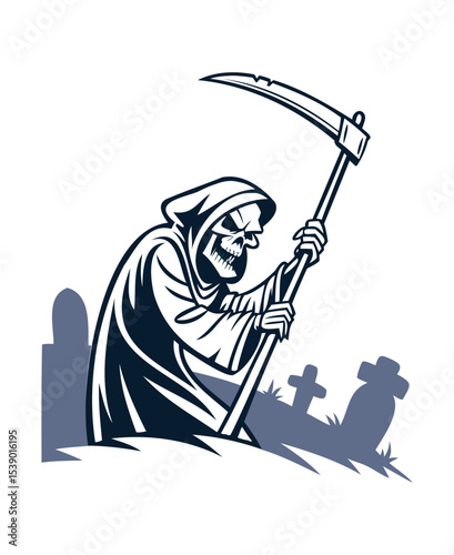 Grim Reaper Illustration with Scythe in Graveyard