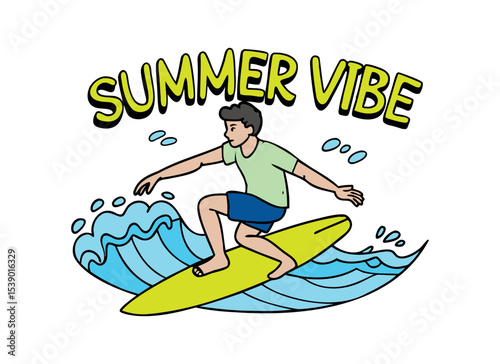 Summer Vibe Illustration of Surfer Riding Waves