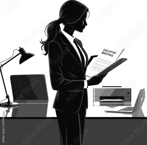 Professional businesswoman in office attire reviewing an executive briefing document at her desk with modern office equipment, laptop, printer, and desk lamp in monochrome silhouette
