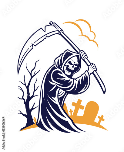 Grim Reaper Illustration with Scythe in Graveyard