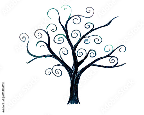 Stylized dark tree with swirling branches