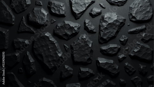 A dramatic,close-up shot of a textured black brick or stone wall,with strong,uneven lighting highlighting its rough,three-dimensional surface.The deep shadows and bright facets create a sense of depth