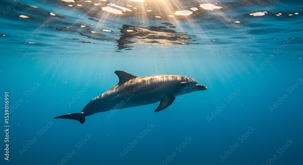 Obraz premium Underwater Dolphin Swimming Gracefully with Sunlight Rays Penetrating the Ocean