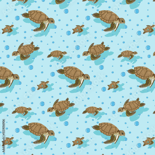 A flock of turtles in the sea.Vector seamless pattern with turtles and bubbles in sea water.