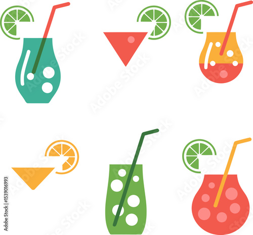 Illustration of six colorful cocktails with straws and fruit slices on a white background