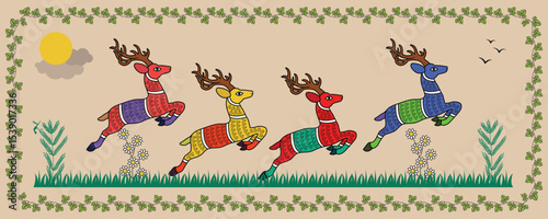 Madhubani Art: Graceful Running Deer - Dynamic Folk Style. Madhubani art, Mithila painting, Indian folk art, Running deer Madhubani