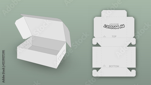 Simple Packaging Box Die Cut Cube Template with 3D Preview, White Editable Blueprint Layout with Cutting Lines, Vector Illustration
