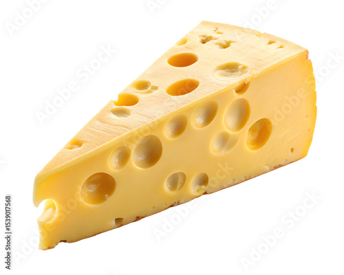 wedge of swiss cheese with holes on white background
