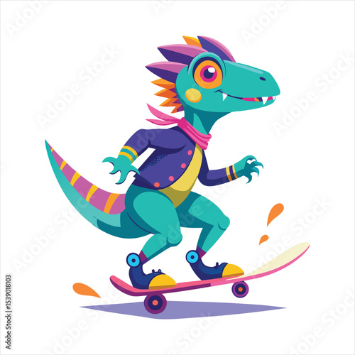 Colorful Cartoon Dinosaur Skateboarding Vector Illustration for Kids and Youth Design
