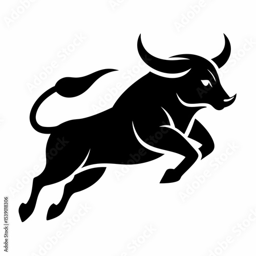 Powerful black bull silhouette leaping