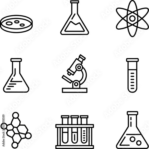 Scientific icons depicting laboratory equipment and molecular structures in black outline