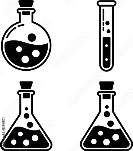 Illustration of round bottom flask test tube and conical flask with liquid and bubbles
