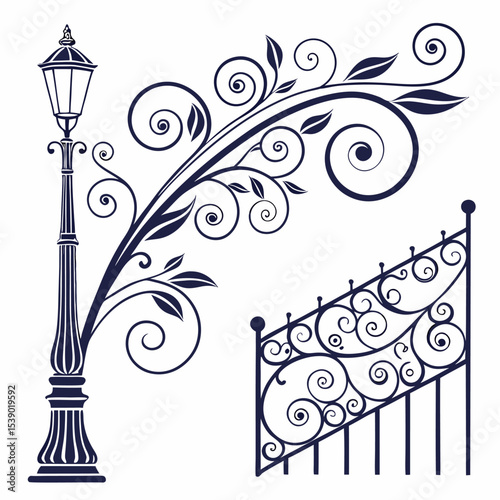 Ornate lamppost floral design with wrought iron railing