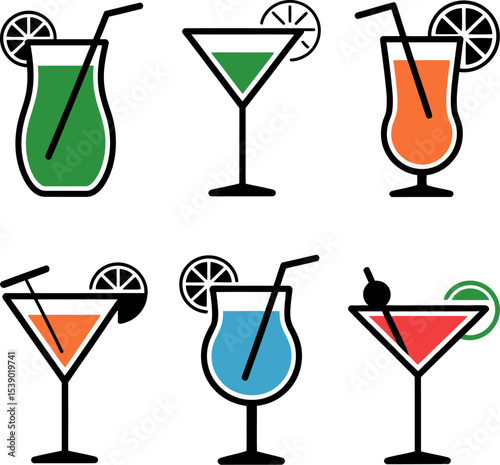 A vibrant vector illustration set of diverse cocktail drinks and alcoholic beverages in various glasses, perfect for a party bar