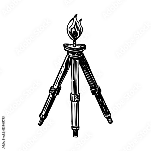 A vintage style illustration showing a campfire tripod