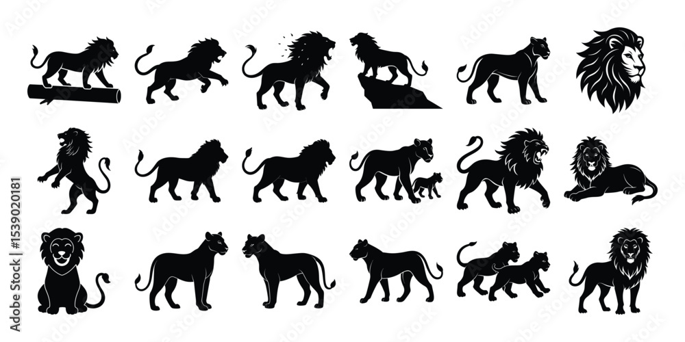 Fototapeta premium Big Lion Silhouette set, on white background. 