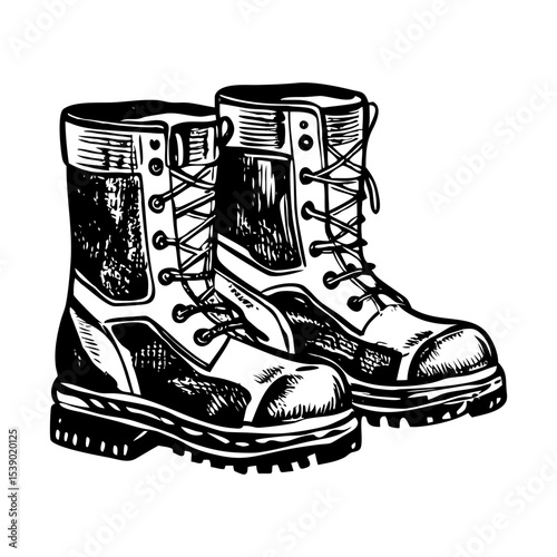 A vintage style illustration showing hunting boots