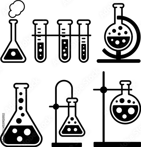 Medical research often involves a biology laboratory with various glass scientific equipment like flasks, beakers, and test tubes for chemical experiments and liquid analysis